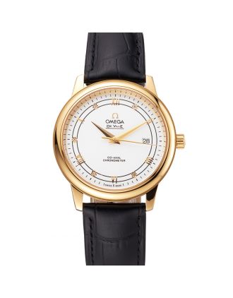 Omega De Ville Prestige White Dial Gold Case Black Leather Strap