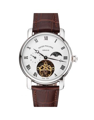 Patek Philippe Complications Moonphase Tourbillon White Dial Stainless Steel Case Brown Leather Strap