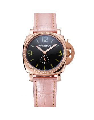 Panerai Radiomir Black Dial Diamond Bezel Rose Gold Case Pink Leather Strap 1453801