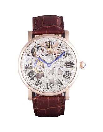 Cartier Luxury Skeleton Watch with Rose Gold Bezel and Brown Leather Band 621557
