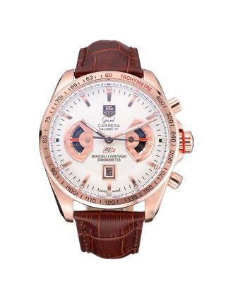 Tag Heuer Carrera Rose Gold Case White Dial Brown Leather Strap 98245