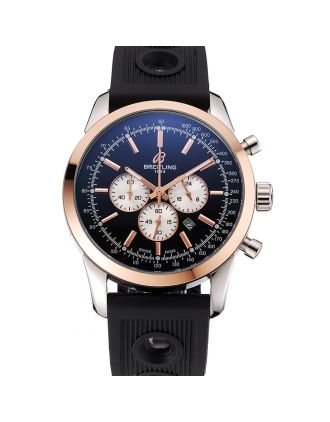 Breitling Transocean Black Dial Black Rubber Strap Rose Gold Bezel 98208