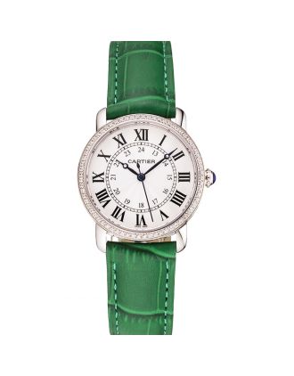 Cartier Ronde White Dial Diamond Bezel Stainless Steel Case Green Leather Strap