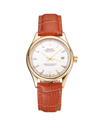 Swiss Rolex Datejust White Dial Gold Case Light Brown Leather Strap