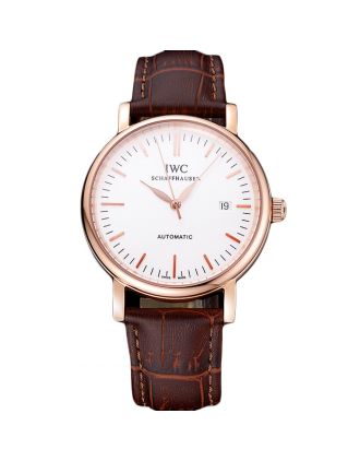 Swiss IWC Portofino Gold Case White Dial Brown Leather Bracelet 622668