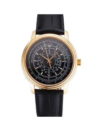 Swiss Patek Philippe Multi-Scale Chronograph Black Dial Gold Case Black Leather Strap