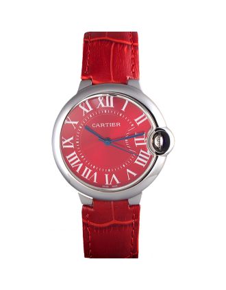 Cartier Ballon Bleu Silver Bezel with Red Dial and Red Leather Band 621556