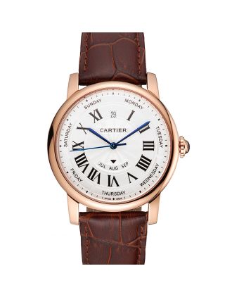 Swiss Cartier Rotonde Annual Calendar White Dial Rose Gold Case Brown Leather Strap