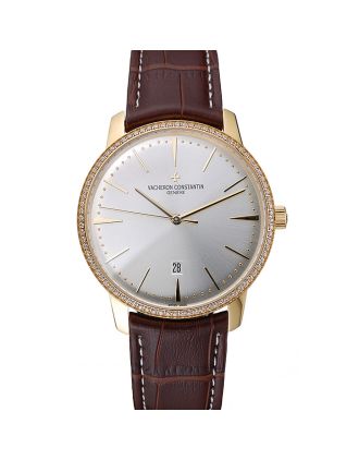 Swiss Vacheron Constantin Patrimony White Dial Gold Diamond Case Brown Leather Bracelet 1454180
