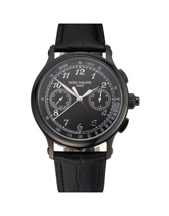 Swiss Patek Philippe Split Seconds Chronograph Black Dial Black Case Black Leather Strap
