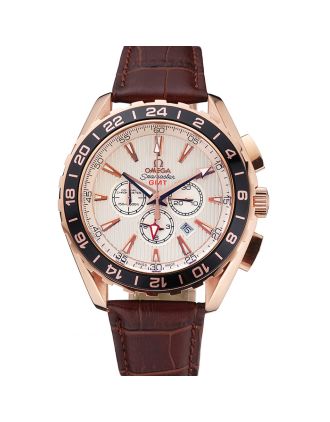 Omega Seamaster Aqua Terra Chrono GMT Ivory Dial Brown Leather Bracelet 622534
