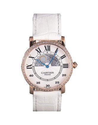Cartier Moonphase Rose Gold Watch with White Leather Band ct254 621373