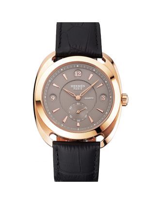 Hermes Dressage Light Brown Dial Rose Gold Case Black Leather Strap