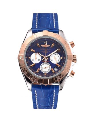 Breitling Chronomat Blue Dial Stainless Steel Case Gold Bezel Blue Leather Strap