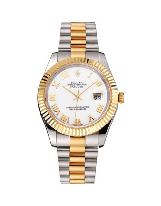 Swiss Rolex Datejust White Dial Roman Numerals Gold Bezel Stainless Steel Case Two Tone Bracelet