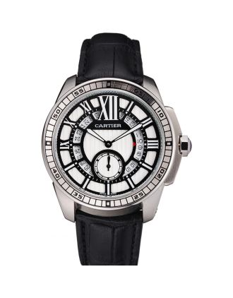 Cartier Calibre De Cartier Small Seconds Black And White Dial Stainless Steel Case Black Leather Strap