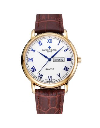 Patek Philippe Calatrava White Dial Blue Roman Numerals Gold Case Brown Leather Bracelet 1454057
