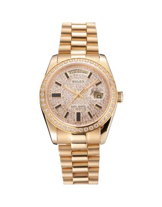 Swiss Rolex Day Date Diamond Pave Dial And Bezel Gold Case And Bracelet