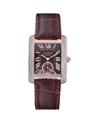 Cartier Tank MC Gold Diamond Case Brown Dial Brown Leather Strap 622170