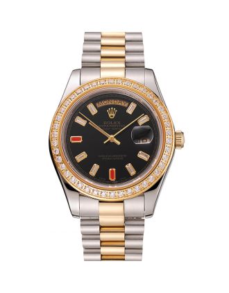 Swiss Rolex Day-Date Diamonds And Rubies Black Dial Two Tone Bracelet 1454105