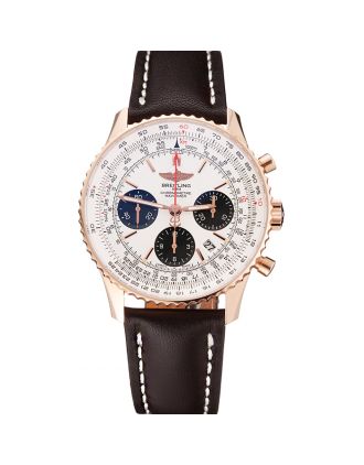 Swiss Breitling Navitimer 01 White Dial Black Subdials Rose Gold Case Brown Leather Strap