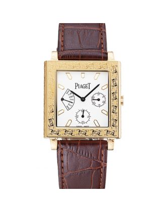 Piaget Emperador Limited Edition White Dial Engraved Gold Case Brown Leather Bracelet 1454139