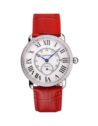 Cartier Ronde Louis Cartier White Dial Stainless Steel Case Diamond Bezel Red Leather Strap