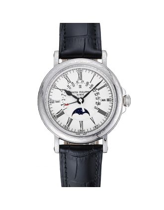 Patek Philippe Perpetual Calendar Retrograde Date White Dial Engraved Silver Case Black Leather Bracelet 1454147