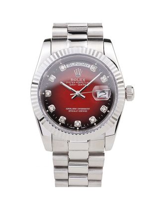 Rolex Day-Date Polished Stainless Steel Two Tone Red Dial
