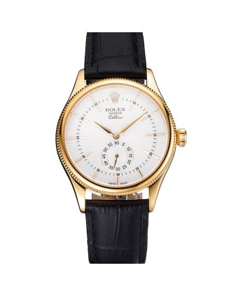 Swiss Rolex Cellini White Dial Gold Case Black Leather Strap