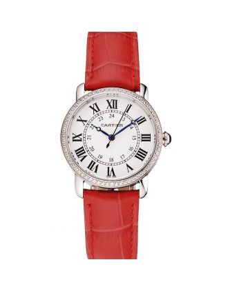 Cartier Ronde White Dial Diamond Bezel Stainless Steel Case Red Leather Strap