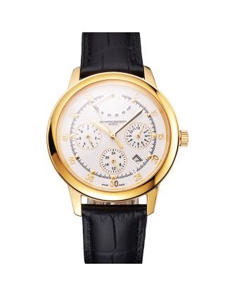 Swiss Vacheron Constantin Traditionnelle Power Reserve White Dial Gold Case Black Leather Strap