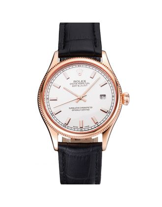 Swiss Rolex Datejust White Dial Rose Gold Case Black Leather Strap