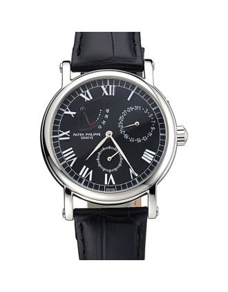 Patek Philippe Geneve Complications Black Dial Stainless Steel Bezel Black Leather Band 622141