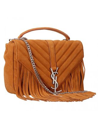 Saint Laurent College Matelasse Medium Fringed Suede Bag Tan