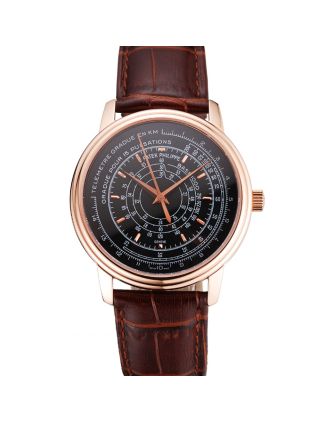 Swiss Patek Philippe Multi-Scale Chronograph Black Dial Rose Gold Case Brown Leather Strap