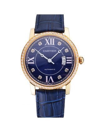Swiss Cartier Ronde Solo Blue Dial Gold Diamond Case Blue Leather Strap
