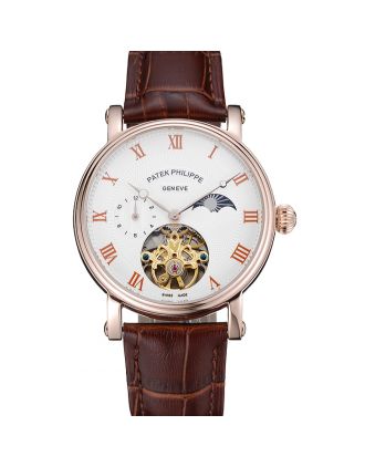 Patek Philippe Complications Moonphase Tourbillon White Dial Rose Gold Case Brown Leather Strap