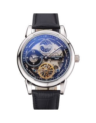 Patek Philippe Dual Time Moonphase Tourbillon Black Skeletonised Dial Stainless Steel Case Black Leather Strap