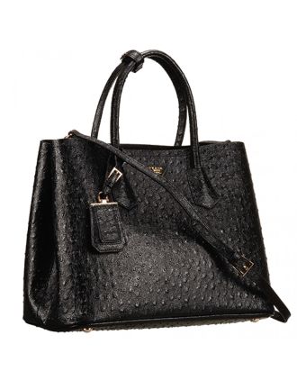Prada Double Tote Ostrich Leather Bag Black