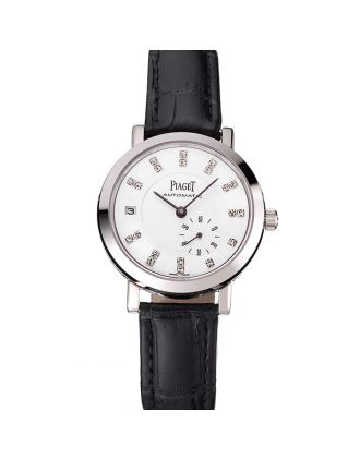 Swiss Piaget Altiplano Date Automatic White Dial Diamond Markers Stainless Steel Case Black Leather Strap