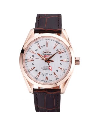 Omega Seamaster Planet Ocean GMT White Dial Rose Gold Case Brown Leather Band 622400