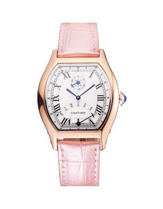 Cartier Tortue Perpetual Calendar White Dial Gold Case Pink Leather Strap