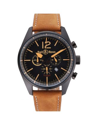 Bell and Ross BR126 Flyback Black Dial Black Case Gold Numerals Brown Suede Leather Strap