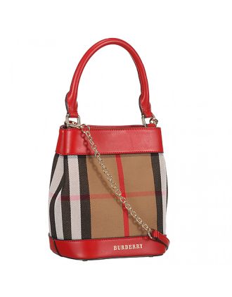 Burberry Small Bucket Bag In House Check And Red Leather 18926911
