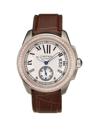 Cartier Calibre White Dial Diamonds Two Tone Case Brown Leather Bracelet