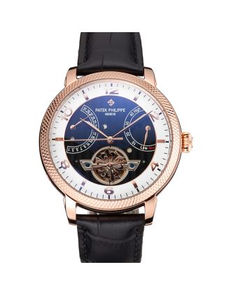 Patek Philippe Classic Tourbillon Power Reserve Black And White Dial Rose Gold Case Black Leather Strap