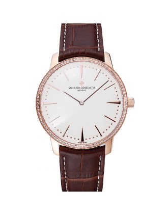 Swiss Vacheron Constantin Patrimony Grand Taille White Dial Rose Gold Diamonds Case Brown Leather Bracelet 1454171