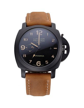Panerai Luminor 1950 GMT Ceramica Black Dial Matte Black Case Brown Suede Leather Strap