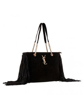 Saint Laurent Monogram Fringe Suede Chain Strap Tote Black